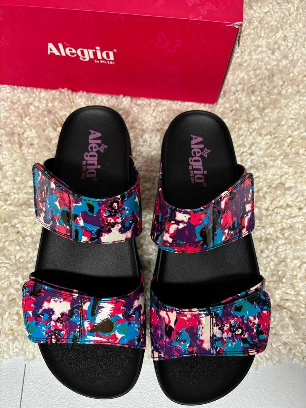Alegria Women’s Pink Blue Multicolor Abstract Slide Sandals